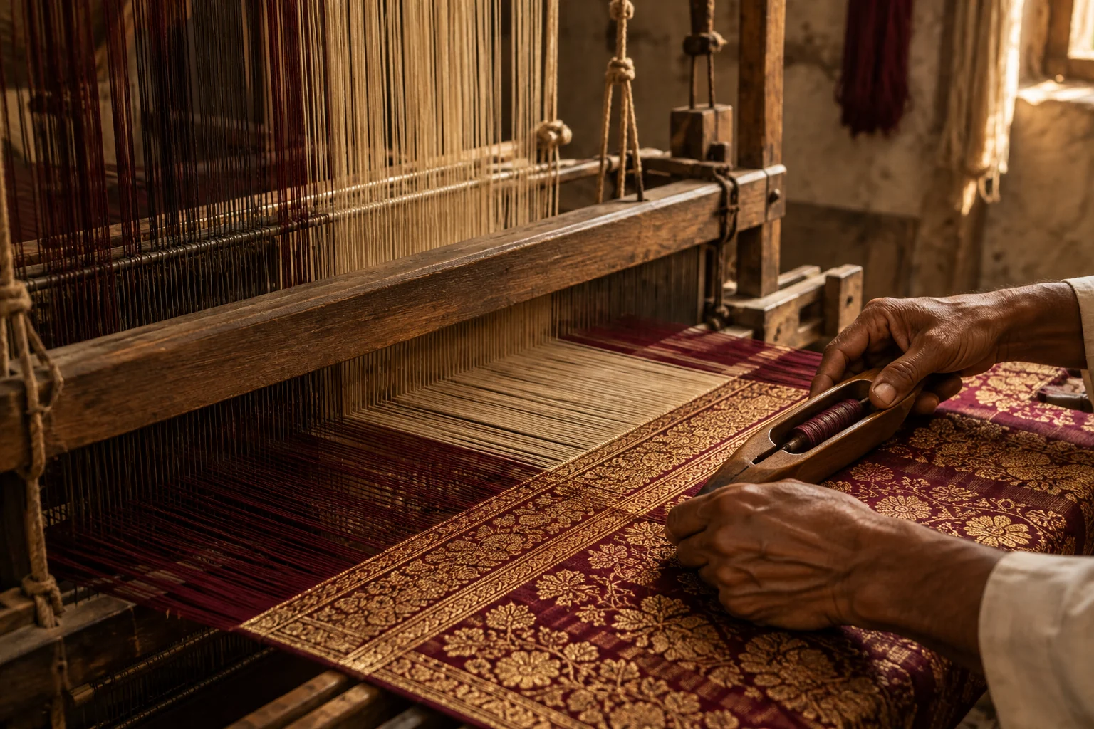 Editorial visualisation of an artisan's hands weaving burgundy and gold cloth on a wooden handloom