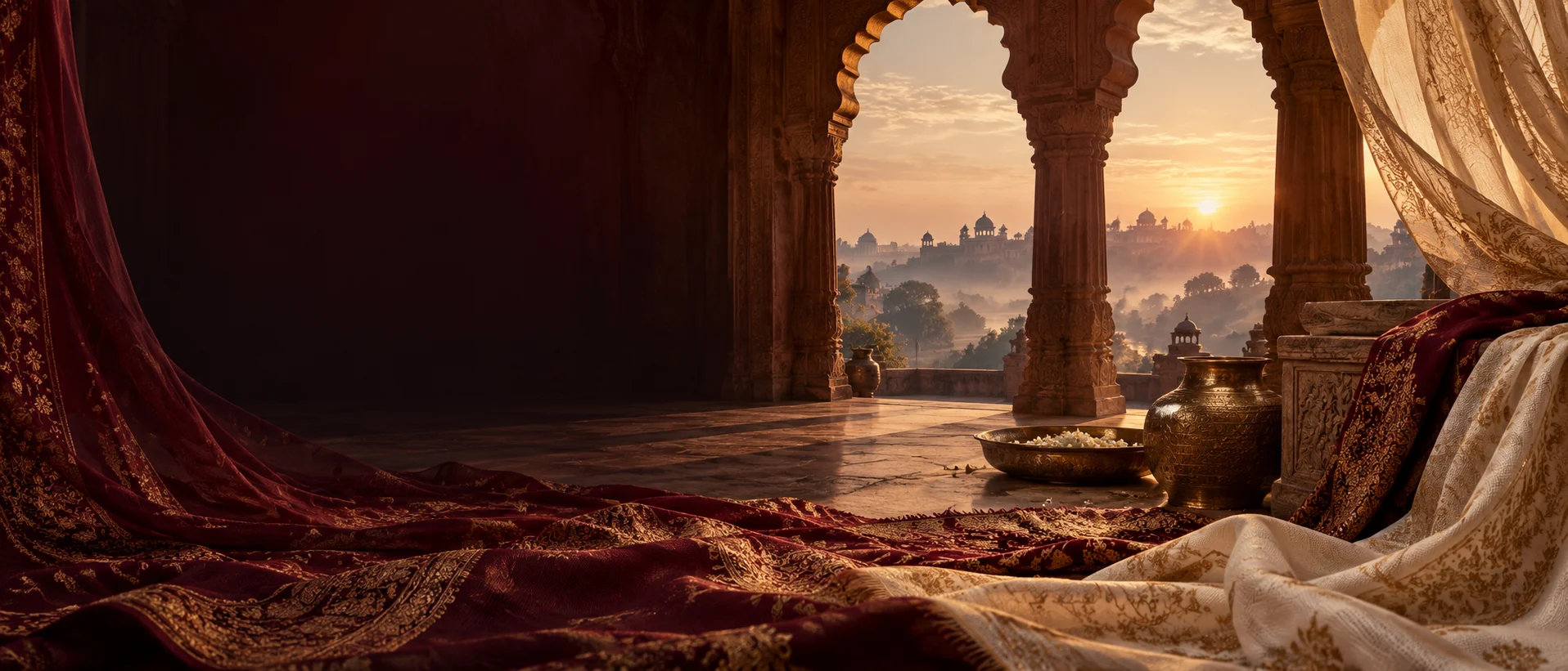 Conceptual view of Indian heritage architecture framed by handwoven textiles at dawn
